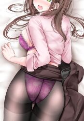 Rule 34 | 1girl, @ @, ass, bed sheet, black pantyhose, blush, bra, breasts, brown hair, brown jacket, brown skirt, clothes lift, collared shirt, dakimakura (medium), floral print, from above, from behind, green eyes, high-waist skirt, highleg, highleg panties, highres, jacket, lace, lace-trimmed bra, lace trim, large breasts, long hair, long sleeves, lying, messy hair, ol-chan (oouso), on back, oouso, open mouth, original, panties, pantyhose, partially undressed, pink shirt, print bra, print panties, purple bra, purple panties, shirt, sidelocks, skirt, skirt lift, solo, sweatdrop, thigh gap, thighband pantyhose, thighs, underwear, unworn jacket