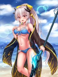 Rule 34 | 1girl, beach, bikini, blue bikini, blush, breasts, cleavage, day, dragon girl, fate/grand order, fate (series), glowing, hair between eyes, highres, horns, japanese clothes, kimono, kiyohime (fate), kiyohime (swimsuit lancer) (third ascension) (fate), lance, large breasts, legs, long hair, looking at viewer, navel, outdoors, polearm, ponytail, red eyes, ribbon, see-through, solo, standing, swimsuit, tagme, thighs, very long hair, water, weapon, white hair
