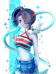 Rule 34 | 1girl, bare shoulders, blue hair, blue skin, breasts, colored skin, dotcube, food, hair over one eye, ice cream, leviathan (skullgirls), medium breasts, purple hair, shirt, shorts, side ponytail, skullgirls, squigly (skullgirls), stitched mouth, stitches, zombie