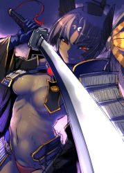 Rule 34 | 1girl, areola slip, armor, black hair, blue gloves, bosshi, breasts, dark-skinned female, dark persona, dark skin, fate/grand order, fate (series), gloves, hat, highres, holding, holding sword, holding weapon, japanese armor, katana, kusazuri, navel, panties, pom pom (clothes), red eyes, red panties, revealing clothes, smile, solo, sword, underboob, underwear, ushiwakamaru (corrupted) (fate), ushiwakamaru (fate), weapon