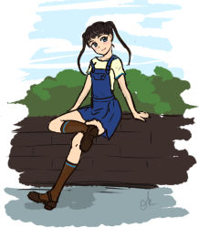 Rule 34 | 1girl, blue eyes, blush, brown hair, brown socks, dress, looking at viewer, my lovely sister, orika nekoi, outdoors, overall skirt, overalls, shirt, shoes, sitting, smile, socks, solo, tagme, tanya (my lovely sister), twintails