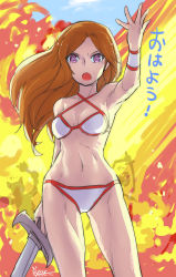 Rule 34 | 1girl, armpits, artist name, bikini, breasts, brown hair, cleavage, curvy, fire, golden axe, highres, long hair, magic, navel, open mouth, oyster (artist), purple eyes, sega, swimsuit, sword, thighs, tyris flare, weapon