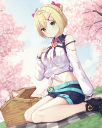 Rule 34 | 1girl, absurdres, bare legs, bare shoulders, belt, black footwear, blonde hair, blue belt, blue shorts, bow, breasts, cherry blossoms, clothing cutout, collared shirt, commentary, crop top, cutoffs, front-tie top, groin, hair bow, hair bun, hair ornament, hairclip, highres, iris black games, kurumi noah, leg belt, long sleeves, looking at viewer, medium breasts, midriff, multiple belts, outdoors, picnic basket, puto (put to ), shirt, shoes, short hair, short shorts, shorts, shoulder cutout, single hair bun, sitting, smile, solo, virtual youtuber, vspo!, wariza, white shirt, wing collar