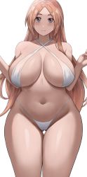 Rule 34 | 1girl, absurdres, bare arms, bare legs, bare shoulders, bikini, bleach, blush, breasts, eyebrows hidden by hair, highres, huge breasts, inoue orihime, jasony, large breasts, long hair, looking at viewer, orange hair, purple eyes, simple background, smile, solo, standing, swimsuit, white background, white bikini