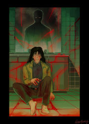 Rule 34 | 2boys, ariga kenji, bathroom, black border, black eyes, black hair, blood, blood on face, blood splatter, border, brown pants, collaboration, collared shirt, commentary, constricted pupils, cruelpansy, english commentary, eyes in shadow, full body, gin to kin, green jacket, grey shirt, hair down, highres, jacket, long hair, looking at another, male focus, mirror, morita tetsuo, multiple boys, no shoes, pants, reflection, shirt, short hair, sink, sitting, socks, solo focus, tile floor, tile wall, tiles, trecomics, white socks