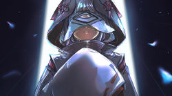 Rule 34 | 1girl, ao-chan (ninomae ina&#039;nis), black background, cloak, commentary, english commentary, from below, grey hair, hololive, hololive english, hood, hood up, light particles, mask, medium hair, parted lips, personification, sketch, sleeves past fingers, sleeves past wrists, solo, tallgeese (lgeesel), virtual youtuber, white cloak