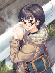 Rule 34 | 1girl, bag, blush, breath, brown eyes, brown hair, coat, from above, glasses, grass, guard rail, hands up, highres, looking at viewer, looking back, matching hair/eyes, open mouth, original, outdoors, short hair, solo, yuuki keisuke