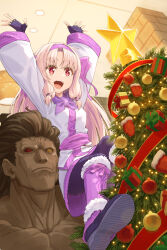 Rule 34 | 1boy, 1girl, ainu clothes, arms up, boots, brown hair, carrying, christmas ornaments, christmas tree, dark-skinned male, dark skin, fate/grand order, fate (series), fingerless gloves, gloves, hairband, heracles (fate), highres, kamo ashi, long hair, red eyes, shoulder carry, sitonai (fate), yellow eyes
