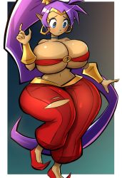 1girl blue_eyes bracelet breasts cleavage clothes collar ear_piercing emmabrave female_focus highres huge_breasts jewelry long_hair looking_at_viewer piercing pointy_ears ponytail purple_hair shantae shantae_(series) solo torn_clothes