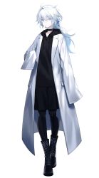 Rule 34 | 1boy, ahoge, ayashiro keika, blue eyes, boots, choker, commentary request, hair between eyes, highres, hood, hood down, hoodie, lab coat, long sleeves, looking at viewer, original, oversized clothes, pantyhose, ponytail, shorts, simple background, solo, standing, waka (shark waka), white background, white hair