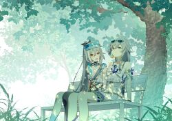 Rule 34 | 2girls, absurdres, anchor ornament, bare legs, bare shoulders, black choker, blue eyes, choker, dual persona, earrings, eyewear on head, forest, fu hua, fu hua (herrscher of sentience), fu hua (shadow knight), grey hair, high ponytail, highres, honkai (series), honkai impact 3rd, jewelry, long hair, looking at another, looking up, multiple girls, nature, navel, open mouth, outdoors, ponytail, red eyes, saya atang, single leg pantyhose, sitting, skirt, smile, star (symbol), summer, sunglasses, tree, white skirt