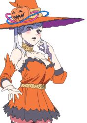 Rule 34 | 1girl, black clover, breasts, choker, cleavage, costume, curvy, grey hair, halloween, hat, highres, large breasts, noelle silva, official art, pumpkin, purple eyes, simple background, thighhighs, thighs, twintails, white background, witch, witch hat, yoshihara tatsuya