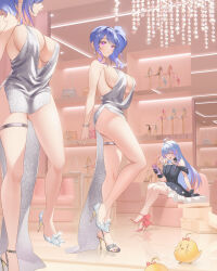 Rule 34 | 2girls, absurdres, azur lane, backless dress, backless outfit, bare legs, bare shoulders, blue nails, bracelet, breasts, dress, evening gown, gloves, grey dress, halter dress, halterneck, helena (azur lane), high heels, highres, jewelry, large breasts, mirror, multiple girls, plunging neckline, pumps, reflection, revealing clothes, shoes, side ponytail, silver footwear, st. louis (azur lane), st. louis (luxurious wheels) (azur lane), stiletto heels, thigh strap, zzo (chorizzzzo)
