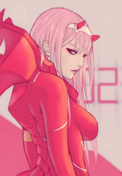Rule 34 | 10s, aqua eyes, bodysuit, breasts, darling in the franxx, eyeshadow, from side, frown, hairband, horns, long hair, looking at viewer, makeup, medium breasts, pilot suit, pink hair, red bodysuit, solo, soranamae, straight hair, white hairband, zero two (darling in the franxx)