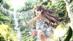 Rule 34 | 1girl, :d, bag, bare arms, blue eyes, bracelet, brown hair, cura, dress, flat (company), game cg, happy, jewelry, leaf, looking back, monobeno, nature, non-web source, open mouth, outstretched arms, ribbon, sawai natsuha, scenery, smile, solo, spread arms, sunlight, tree, two side up, wallpaper, water, waterfall, wind, wind lift