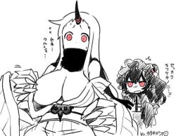 Rule 34 | 10s, 2girls, abyssal ship, bare shoulders, black hair, breasts, claws, colored skin, commentary request, gothic lolita, horns, isolated island oni, japanese clothes, kantai collection, kimono, large breasts, lolita fashion, long hair, monochrome, multiple girls, open mouth, pale skin, red eyes, seaport princess, simple background, single horn, sweat, translation request, very long hair, white background, white hair, white skin, yukata, yuzuki gao