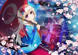 Rule 34 | 1girl, ahoge, blue kimono, cherry blossoms, flower, from above, from side, hair between eyes, hair flower, hair ornament, head wreath, highres, holding, holding umbrella, japanese clothes, kimono, kyona (konakona), long hair, looking at viewer, looking up, obi, original, purple eyes, red flower, red umbrella, sash, silver hair, smile, solo, umbrella, very long hair, water, yukata