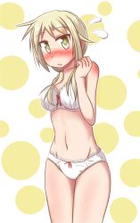 Rule 34 | 1girl, arm up, bare legs, blonde hair, blush, bra, breasts, check commentary, commentary, commentary request, flying sweatdrops, highres, ichii yui, looking at viewer, medium breasts, navel, panties, parted lips, polka dot, polka dot background, short hair, sidelocks, simple background, stomach, sweat, thighs, twintails, underwear, underwear only, white bra, white panties, yellow eyes, yuukin, yuyushiki