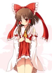 Rule 34 | 1girl, bow, brown hair, clothes lift, detached sleeves, female focus, hair bow, hakurei reimu, japanese clothes, miko, red eyes, short hair, skirt, skirt lift, solo, touhou, white background, yamasan