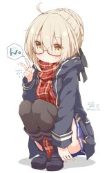 Rule 34 | 1girl, ahoge, anzu ame, artoria pendragon (fate), black bow, black thighhighs, blonde hair, blue jacket, blue skirt, boots, bow, braid, fate/grand order, fate (series), glasses, hair bow, hair bun, hood, hood down, hooded jacket, jacket, looking at viewer, miniskirt, mysterious heroine x alter (fate), pleated skirt, red scarf, scarf, semi-rimless eyewear, simple background, skirt, solo, squatting, thighhighs, twitter username, v, white background, yellow eyes
