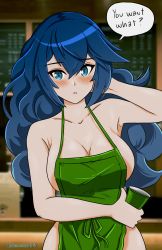 Rule 34 | 1girl, alternate breast size, apron, bare hips, blue eyes, blue hair, blurry, blurry background, blush, breasts, cleavage, coffee cup, collarbone, cup, disposable cup, english text, fire emblem, fire emblem awakening, green apron, hand on own head, highres, iced latte with breast milk (meme), johncaden, large breasts, long hair, lucina (fire emblem), meme, naked apron, nintendo, solo, speech bubble, standing, tagme