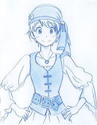 Rule 34 | 1girl, bandana, belt, blue theme, fena houtman, graphite (medium), heart, heart necklace, highres, kaizoku oujo, long sleeves, looking at viewer, monochrome, necklace, potekite, short hair, simple background, smile, solo, standing, traditional media, vest, white background