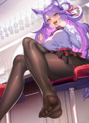Rule 34 | &gt;:), :d, animal ears, bar (place), bar stool, belt, black skirt, breasts, brown pantyhose, character request, colored inner hair, commission, crossed legs, cup, drinking glass, fang, fox ears, fox girl, fox tail, highres, indie virtual youtuber, kazto furuya, legs, long hair, medium breasts, miniskirt, multicolored hair, open mouth, pantyhose, pink eyes, pink hair, purple hair, red belt, red nails, shirt, sitting, skeb commission, skirt, slit pupils, smile, stool, tail, v-shaped eyebrows, very long hair, white shirt, wine glass