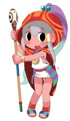 Rule 34 | 1girl, character request, child, female focus, hair bobbles, hair ornament, looking at viewer, man0., open mouth, shiny skin, simple background, solo, staff, sweat, taiko no tatsujin, white background