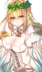 Rule 34 | 10s, 1girl, ahoge, bad id, bad pixiv id, belt, blonde hair, breasts, chain, cleavage, fate/extra, fate/extra ccc, fate/grand order, fate (series), green eyes, hair intakes, large breasts, lock, nero claudius (bride) (fate), nero claudius (bride) (third ascension) (fate), nero claudius (fate), nero claudius (fate) (all), shisei (kyuushoku banchou), veil
