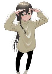 Rule 34 | 1girl, absurdres, bang dream!, black hair, black pants, blush, chestnut mouth, from above, green eyes, hair between eyes, hanazono tae, hands up, highres, long hair, looking at viewer, nishiki (nishiki4692), open mouth, pants, solo, sweater, white background