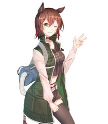Rule 34 | 1girl, ;), animal ears, arknights, belt, black choker, black shirt, black skirt, black thighhighs, brown hair, catapult (arknights), chinese commentary, choker, clothes writing, commentary request, cowboy shot, crop top, green eyes, green jacket, hair between eyes, hand up, high collar, highres, horse ears, jacket, long sleeves, looking at viewer, midriff, miniskirt, minuo, one eye closed, shirt, short hair, simple background, skirt, smile, solo, standing, t-shirt, thighhighs, transparent background, w, white background, zettai ryouiki