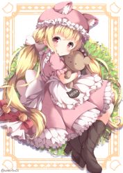 Rule 34 | 1girl, :o, animal hands, animal hat, apron, back bow, bell, black footwear, blush, boots, bow, cat hat, commentary request, dress, frilled dress, frilled hat, frilled sleeves, frills, gloves, hair bow, hat, high heel boots, high heels, holding, holding stuffed toy, jingle bell, long hair, looking at viewer, niwasane (saneatsu03), nyan, original, paw gloves, pink dress, pink hat, red bow, red eyes, short hair, sidelocks, solo, stuffed animal, stuffed toy, teddy bear, twitter username, very long hair, waist apron, white apron, white bow