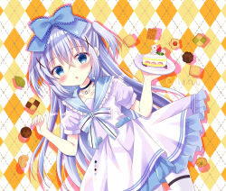 Rule 34 | 1girl, bitter crown, black choker, blue bow, blue eyes, blue sailor collar, blush, bow, cake, cake slice, character name, chestnut mouth, choker, collarbone, commentary request, dress, dutch angle, food, frilled sailor collar, frills, fruit, gochuumon wa usagi desu ka?, grey hair, hair between eyes, hair bow, hair ornament, hands up, holding, holding plate, kafuu chino, long hair, pantyhose, parted lips, plaid, plaid background, plate, puffy short sleeves, puffy sleeves, sailor collar, sailor dress, short sleeves, solo, strawberry, striped, striped bow, two side up, very long hair, white dress, white pantyhose, x hair ornament