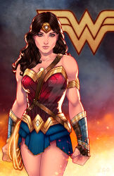 Rule 34 | 1girl, armor, brown eyes, brown hair, dawn of justice, dc comics, dccu, emblem, forehead protector, highres, lasso, pteruges, solo, strapless, vambraces, wonder woman, wonder woman (series)