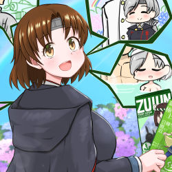 Rule 34 | 1boy, 2girls, admiral (kancolle), brown eyes, brown hair, chitose (kancolle), chiyoda (kancolle), closed eyes, flower, grey hair, headband, highres, hydrangea, hyuuga (kancolle), kantai collection, looking at viewer, looking back, multiple girls, rainbow, raincoat, smile, sosser, speech bubble