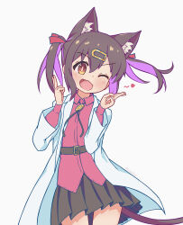 Rule 34 | 1girl, ;d, absurdres, animal ear fluff, animal ears, artist name, belt, black hair, black skirt, bolo tie, brown eyes, cat ears, cat girl, cat tail, coat, commentary, cowboy shot, fang, hair between eyes, hair ribbon, heart, highres, kemonomimi mode, krita (medium), lab coat, loentar, long sleeves, looking at viewer, medium hair, multicolored hair, one eye closed, onii-chan wa oshimai!, open clothes, open coat, open mouth, oyama mihari, pleated skirt, purple hair, red ribbon, red shirt, ribbon, shirt, simple background, skirt, smile, solo, tail, twintails, twitter username, two-tone hair, untucked shirt, white background, wing collar