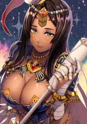 Rule 34 | 1girl, bad id, bad pixiv id, bead necklace, beads, black hair, breasts, caster of the nocturnal castle, circlet, dark skin, dark-skinned female, fate/grand order, fate (series), forehead jewel, green eyes, highres, jewelry, kurono kito, large breasts, long hair, looking at viewer, necklace, scheherazade (fate), smile, solo, staff, tiara