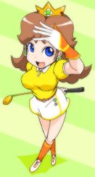 Rule 34 | 1girl, blue eyes, breasts, brown hair, collared shirt, crown, earrings, flower earrings, full body, gloves, golf club, hand up, highres, jewelry, looking at viewer, mario (series), mario golf, mario golf: super rush, nintendo, open mouth, orange shirt, princess daisy, shirt, shoes, short sleeves, skirt, smile, solo, tomboy