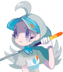 Rule 34 | 1girl, ahoge, aqua hair, buttons, closed mouth, collared shirt, creatures (company), elite four, eyelashes, frown, game freak, gloves, golf club, guriggon, holding, kahili (pokemon), long hair, looking away, looking to the side, mole, mole under eye, nintendo, over shoulder, pokemon, pokemon sm, purple eyes, ringed eyes, shirt, simple background, solo, striped clothes, striped shirt, upper body, visor cap, white background, white gloves