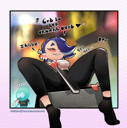 Rule 34 | 1girl, absurdres, blood, blue hair, blurry, blurry background, blush, border, chest sarashi, clothed masturbation, ear piercing, fangs, female masturbation, folding fan, grin, hair over one eye, hand fan, highres, jellyfish (splatoon), looking at another, masturbation, nintendo, nosebleed, octoling player character, paper fan, piercing, pink border, pointy ears, red eyes, sarashi, shiver (splatoon), sitting, smile, socks, solo focus, splatoon (series), splatoon 3, spread legs, tentacle hair, woowooseven