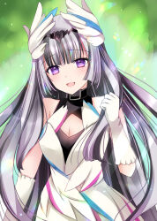 Rule 34 | 1girl, bare shoulders, black choker, black hair, blunt bangs, breasts, choker, dress, feather dress, feather hair ornament, feathers, fire emblem, fire emblem engage, grey hair, hair ornament, highres, kirishima riona, long hair, looking at viewer, multicolored hair, nintendo, open mouth, purple eyes, small breasts, smile, solo, two-tone hair, upper body, very long hair, veyle (fire emblem), wavy hair, white dress
