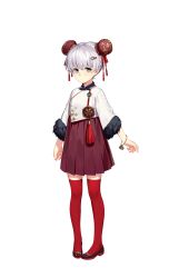 Rule 34 | 1girl, absurdres, bell, bracelet, chinese clothes, double bun, floral print, full body, grey hair, hair bun, hair ornament, hairclip, highres, jewelry, looking at viewer, pleated skirt, red thighhighs, rekaerb maerd, romantic saga of beauty &amp; devil, short hair, simple background, skirt, solo, standing, thighhighs, transparent background, white background