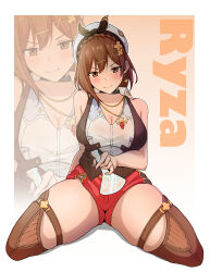 Rule 34 | 1girl, absurdres, arm support, atelier (series), atelier ryza, bare arms, bare shoulders, black choker, blush, boots, bottle, braid, breasts, brown eyes, brown footwear, brown hair, brown vest, character name, choker, cleavage, collar, cum, cum in container, cum on hands, cumdrip, eyebrows, eyelashes, feet out of frame, female focus, french braid, hair ornament, half-closed eyes, hat, highres, holding, holding bottle, large breasts, leaning back, looking at viewer, medium hair, naga99770, nail polish, naughty face, pink nails, red shorts, reisalin stout, shirt, short shorts, shorts, sitting, sleeveless, sleeveless shirt, solo, spread legs, straight-on, thick thighs, thigh boots, thighs, tight clothes, v-shaped eyebrows, vest, wariza, white hat, white shirt, x hair ornament