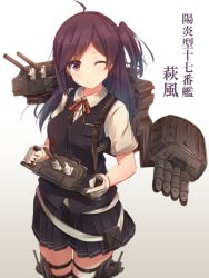 Rule 34 | 10s, 1girl, ahoge, black skirt, breast pocket, cannon, character name, collared shirt, controller, cowboy shot, cuon (kuon), gloves, gradient background, gun, hagikaze (kancolle), joystick, kantai collection, legs together, long hair, looking at viewer, machinery, neck ribbon, one eye closed, parted bangs, pleated skirt, pocket, purple eyes, purple hair, red ribbon, ribbon, shirt, short sleeves, skirt, smile, solo, thigh strap, turret, uniform, vest, weapon