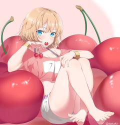 Rule 34 | 1girl, absurdres, akamoku, barefoot, belt, blonde hair, blue eyes, bracelet, cherry, elbow rest, feet, food, food in mouth, fruit, highres, holding, holding food, holding fruit, hugging own legs, jewelry, looking at viewer, midriff peek, mouth hold, off-shoulder shirt, off shoulder, original, oversized object, pink belt, pink shirt, shirt, short shorts, short sleeves, shorts, sitting, solo, twitter username, white shorts