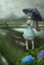 Rule 34 | 1girl, aqua hair, arinu, building, cloud, cloudy sky, flower, geta, heterochromia, highres, hydrangea, karakasa obake, landscape, mountain, path, puddle, rain, rice paddy, road, shirt, skirt, skirt set, sky, smile, snail, solo, tatara kogasa, touhou, umbrella, vest