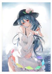 Rule 34 | 1girl, absurdres, adapted costume, apron, bare shoulders, black bra, black hat, blue hair, bra, closed mouth, commentary, cowboy shot, english commentary, food, frilled apron, frills, fruit, hat, head tilt, highres, hinanawi tenshi, holding, holding hair, huangyou, long hair, long sleeves, looking at viewer, navel, off shoulder, peach, peach hat ornament, rainbow order, red eyes, shirt, smile, solo, touhou, translation request, underwear, unworn scrunchie, wet, white apron, white shirt
