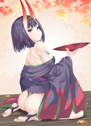 Rule 34 | 1girl, absurdres, ass, bare shoulders, barefoot sandals (jewelry), bob cut, breasts, cup, eyeliner, fate/grand order, fate (series), headpiece, highres, horns, japanese clothes, kimono, leaf, long sleeves, looking at viewer, makeup, maple leaf, off shoulder, oni, purple eyes, purple hair, purple kimono, revealing clothes, sakazuki, short hair, short kimono, shuten douji (fate), sitting, skin-covered horns, small breasts, smile, solo, wariza, wide sleeves, yamachi (xadp7533)