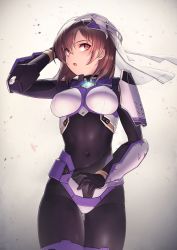 Rule 34 | arm guards, armor, black bodysuit, blush, bodysuit, breastplate, breasts, brown hair, covered navel, dark skin, gloves, hair between eyes, headgear, highres, itaco, large breasts, looking at viewer, open mouth, original, red eyes, sharifah ozdil, short hair, shoulder armor, sidelocks, skin tight, solo, thigh strap, thighs, veil