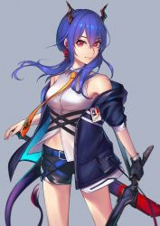 Rule 34 | 1girl, absurdres, arknights, bare shoulders, belt, black gloves, black shorts, blue belt, blue hair, blue jacket, breasts, ch&#039;en (arknights), commentary, cowboy shot, dragon horns, dragon tail, female focus, fingerless gloves, gloves, grey background, hair between eyes, highres, holding, holding sword, holding weapon, horns, id card, jacket, left-handed, long hair, looking at viewer, medium breasts, midriff peek, necktie, off shoulder, oooosake, open clothes, open jacket, pink eyes, shirt, short shorts, shorts, simple background, single glove, smile, solo, standing, sword, tail, thighs, weapon, white shirt, yellow necktie